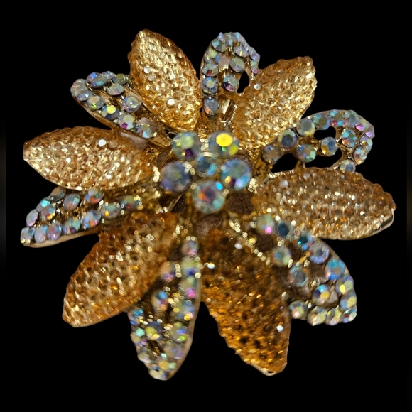 Flower Brooch Encrusted with Aurora Borealis and Brown Crystals - Picture 1 of 6